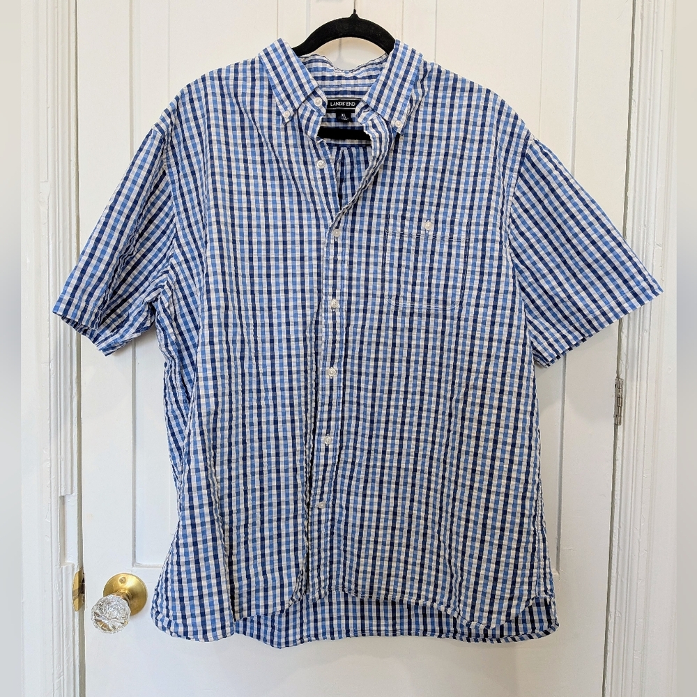Lands End Men's Blue and White Gingham Plaid Cotton Collared Shirt | X large